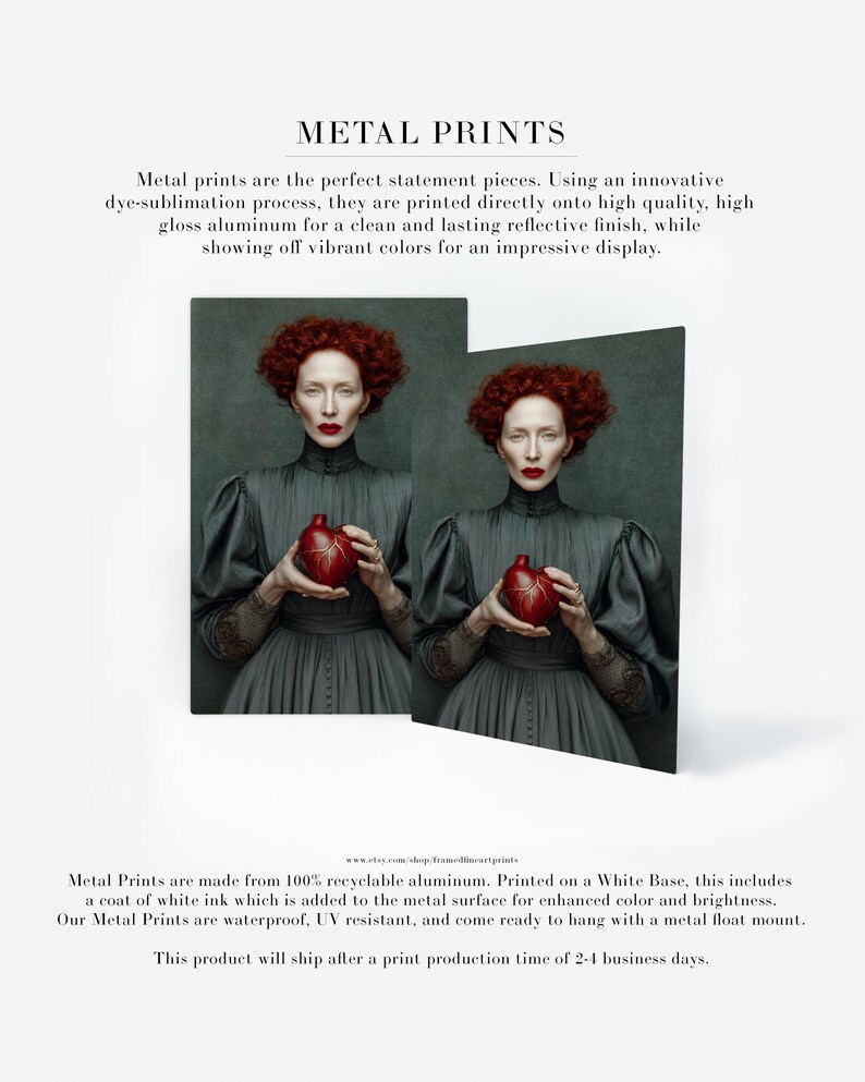Cinder portrait printed on metal with a high-gloss finish, featuring dramatic tones and a surreal heart vessel, perfect for lovers of moody fine art and museum-quality wall displays.