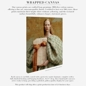 Sidonie portrait shown as a deep gallery-wrapped canvas with finished edges, featuring a voluminous sage dress and rust-ribboned folio.