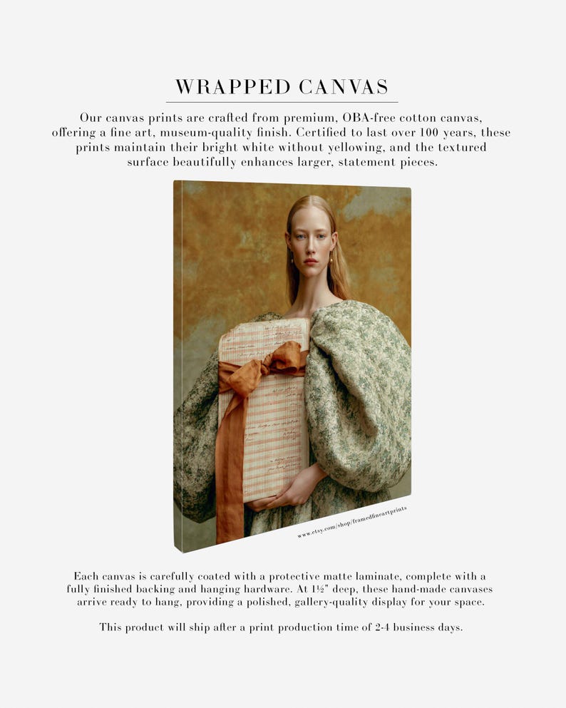 Sidonie portrait shown as a deep gallery-wrapped canvas with finished edges, featuring a voluminous sage dress and rust-ribboned folio.