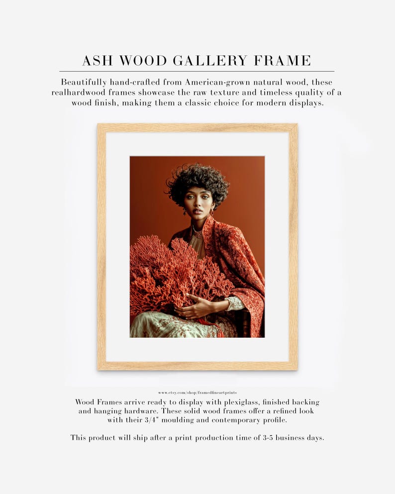 Kavya coral portrait displayed in ash wood gallery frame with white mat