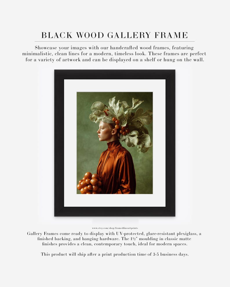 Rowan | Botanical Portrait Print, Leaf Crown Woman, Rust Green Large Statement Wall Art Black w/ Matte