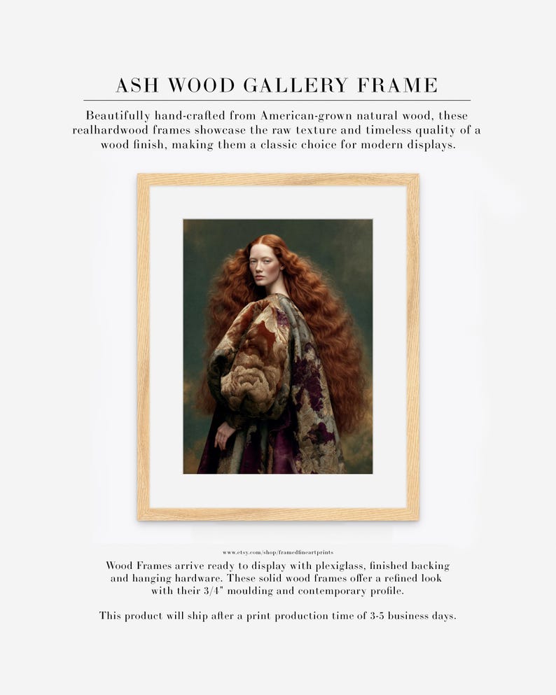 Cressida red-haired woman portrait shown matted in a natural ash wood gallery frame with a clean contemporary profile.