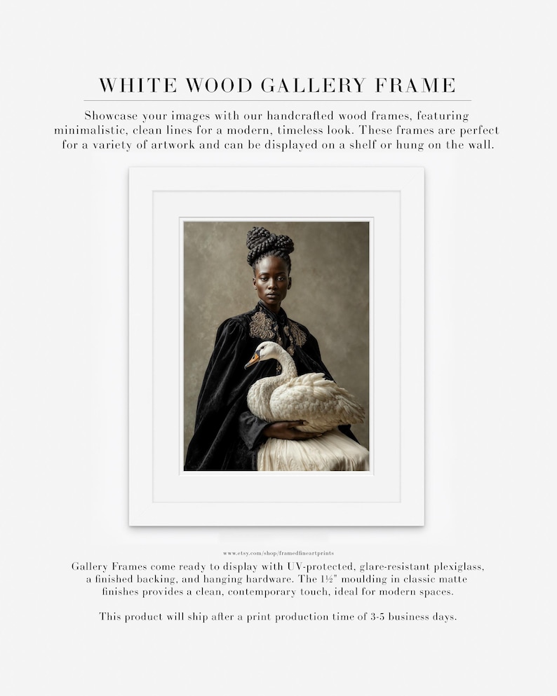 Vaelora portrait of a Black woman holding a white swan displayed in a white wood gallery frame with white matting.
