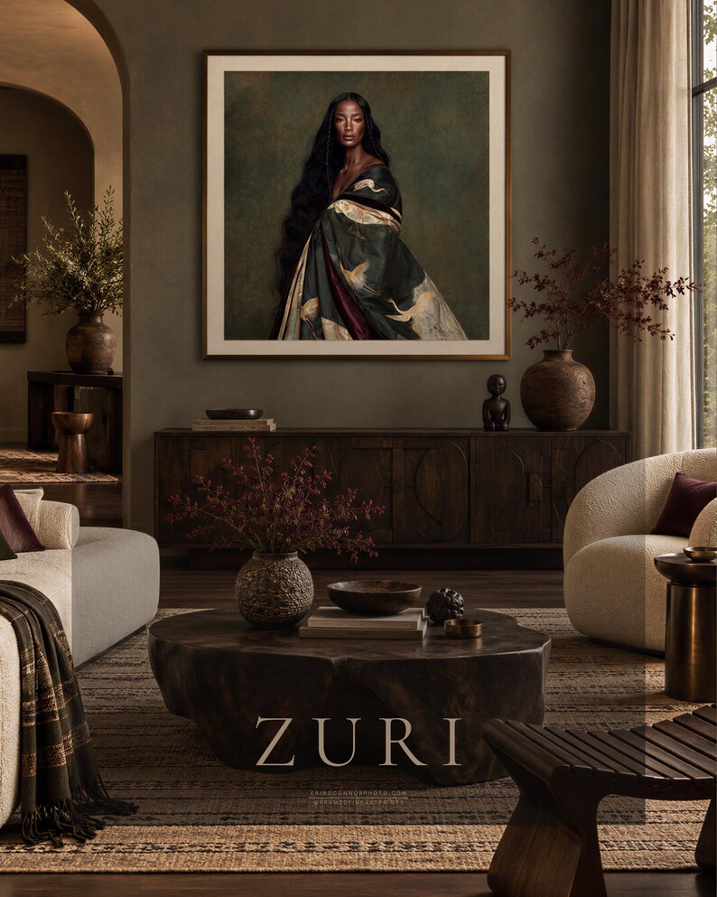 Zuri | Fine Art Portrait Print, Dark Skinned Woman Wall Art, Green Crane Artwork, Moody Figurative Art, Designer Wall Decor image 2