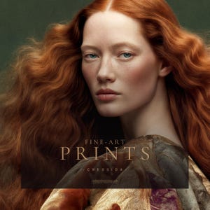 Close detail of Cressida showing her copper-red hair, pale blue eyes, freckles and painterly skin detail against a deep green background.