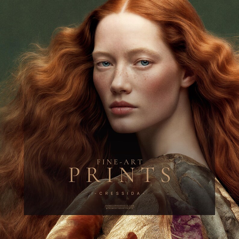 Close detail of Cressida showing her copper-red hair, pale blue eyes, freckles and painterly skin detail against a deep green background.