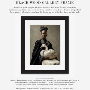 Vaelora woman-with-swan fine art portrait displayed in a black wood gallery frame with a wide white mat.