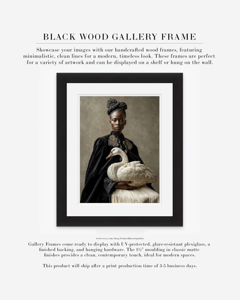 Vaelora woman-with-swan fine art portrait displayed in a black wood gallery frame with a wide white mat.