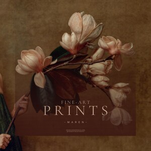 Close detail of the oversized magnolia branch in Maren with large ivory and blush flowers, dark leaves, and a warm painterly brown background.