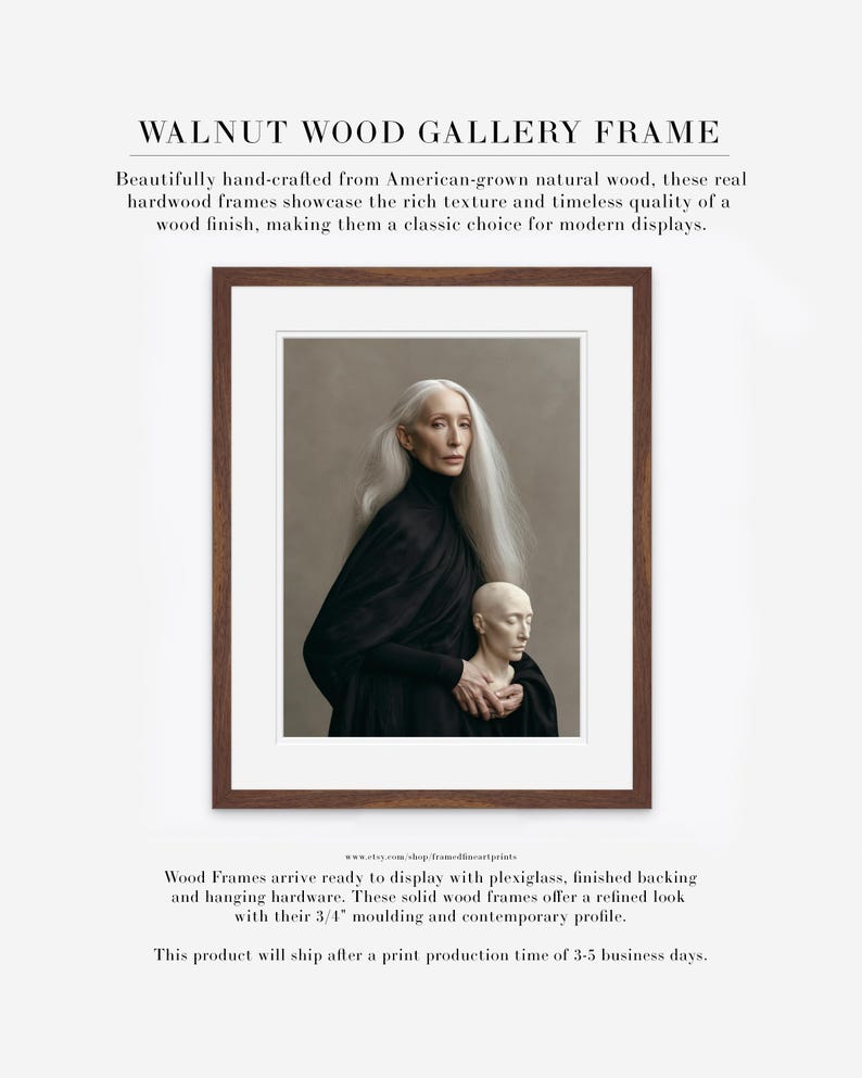 Astera | Surreal Portrait Print, Silver Hair Woman With Sculpture, Large Statement Wall Art Walnut Wood w/ Matte