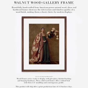 Product information graphic showing Maren as a matted gallery print in a warm walnut wood frame.