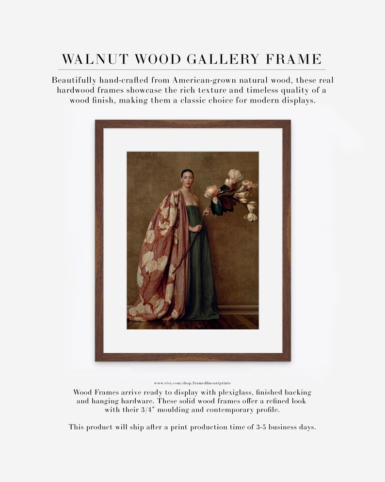 Product information graphic showing Maren as a matted gallery print in a warm walnut wood frame.