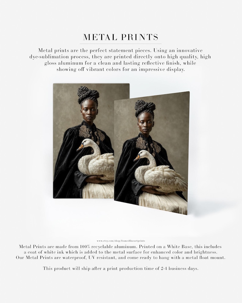 Vaelora woman-with-swan portrait shown on two aluminum metal prints with a clean frameless presentation.
