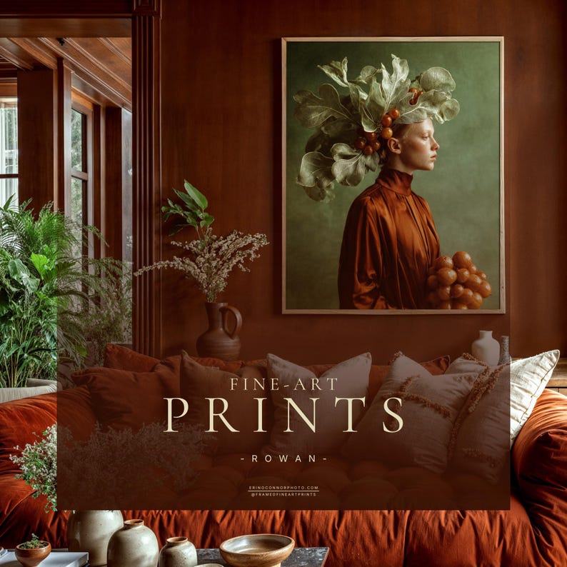 Rowan | Botanical Portrait Print, Leaf Crown Woman, Rust Green Large Statement Wall Art bild 10