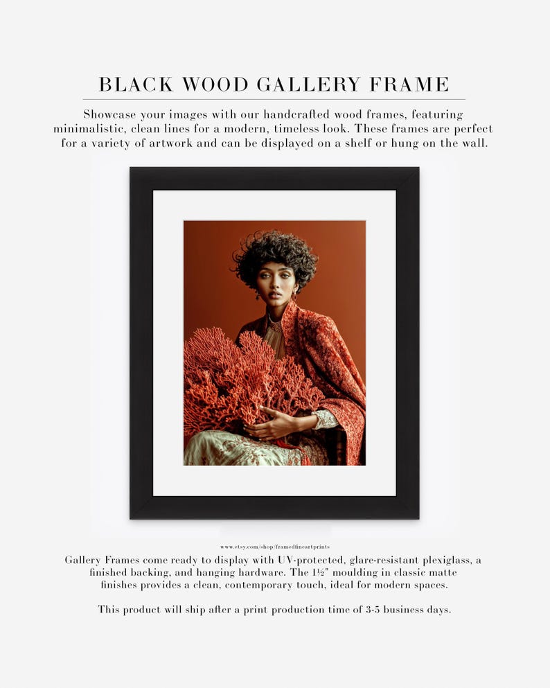Kavya coral portrait displayed in black wood gallery frame with white mat