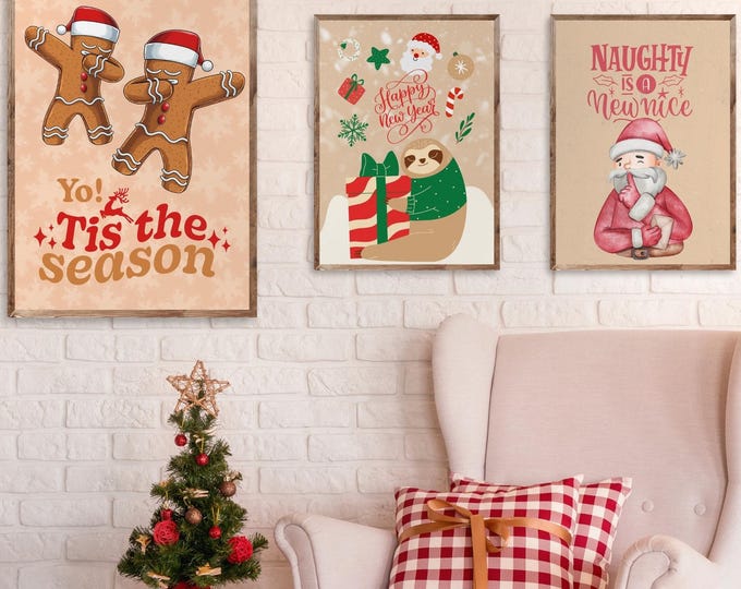Trendy Vintage Christmas Printable Wall Art Bundle , Funny Holiday Decor, Xmas Digital Prints