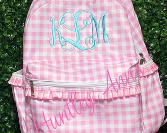 Pink Gingham Backpack Full Size Nylon Ruffle book bag. Monogrammed name. Preppy Sweet Personalized Ruffle Diaper Bag.