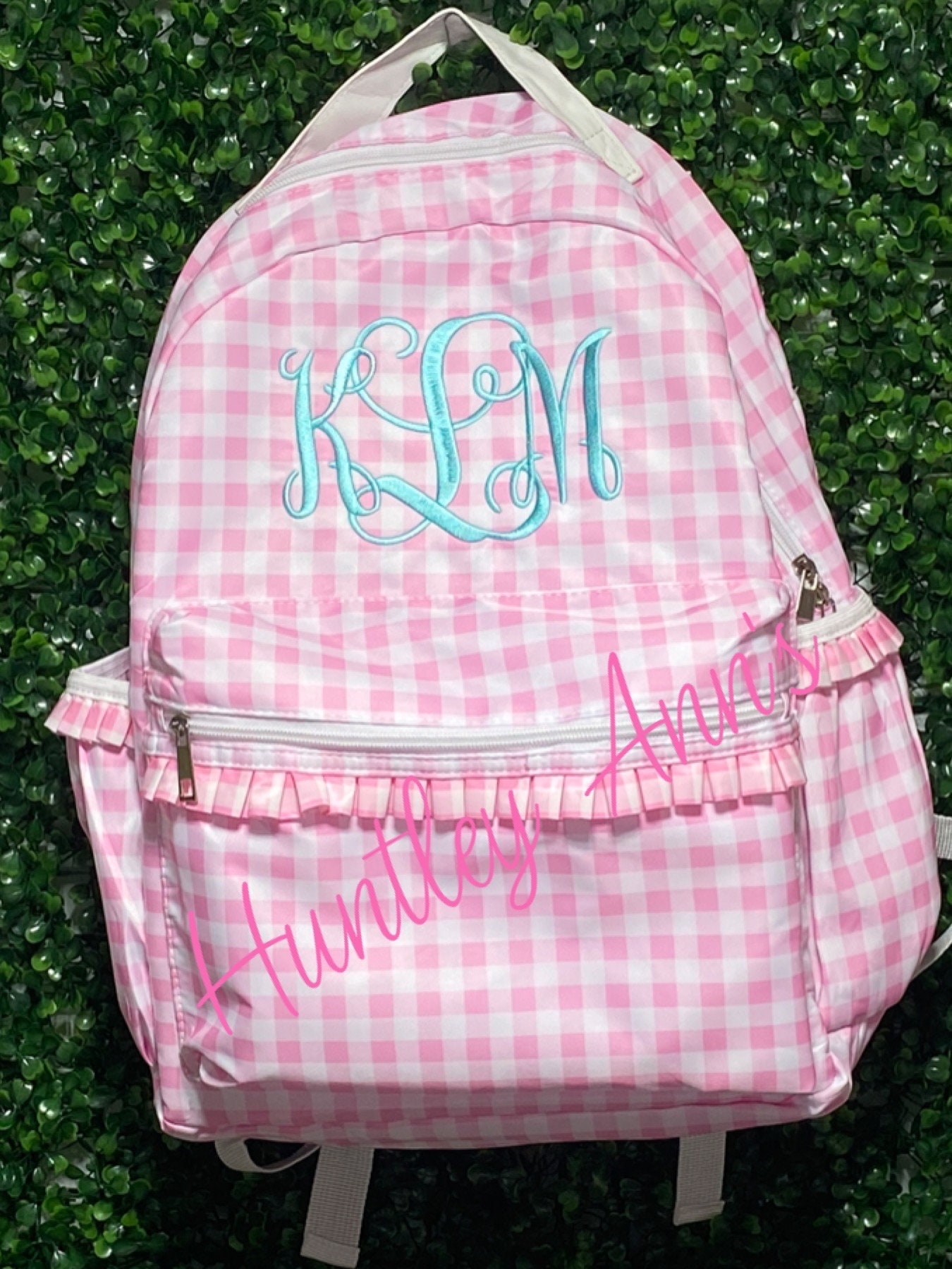 Pink Gingham Backpack Full Size Nylon Ruffle book bag. Monogrammed name. Preppy Sweet Personalized Ruffle Diaper Bag.