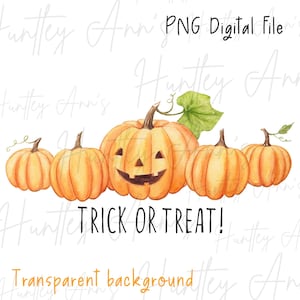 Può includere: Cinque zucche ad acquerello, tra cui una zucca intagliata con un viso sorridente, disposte in fila. Le zucche sono arancioni e hanno un gambo marrone chiaro. Il testo "TRICK OR TREAT!" è scritto in nero sotto le zucche.