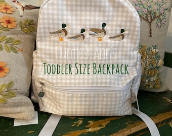 Monogrammed Backpack Khaki Gingham Toddler Size Nylon book bag. Mallard Duck embroidered name Diaper Bag. Baby Boy Shower gift