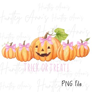 May include: Five orange pumpkins with pink bows and jack-o-lantern faces. The pumpkins are arranged in a row and the text "TRICK OR TREAT!" is written below them.