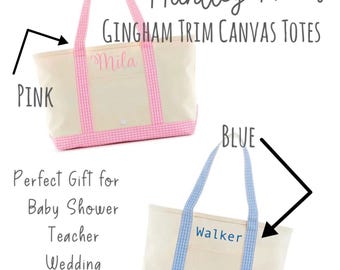 Bolsa Tote de Lona Monogramada com acabamento em guingão. Presente de chá de bebê, bolsa de fraldas, professora, enfermeira, bolsa pré-escolar, guingão rosa azul.