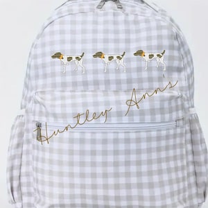 Sac à dos garçon vichy kaki grande taille en nylon livre chien de chasse à carreaux marron clair monogramme épagneul beige beige pointeur