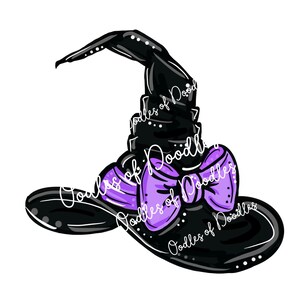 May include: A black witch hat with a purple bow. The hat has a pointed top and a wide brim. The bow is tied in a knot at the front of the hat.