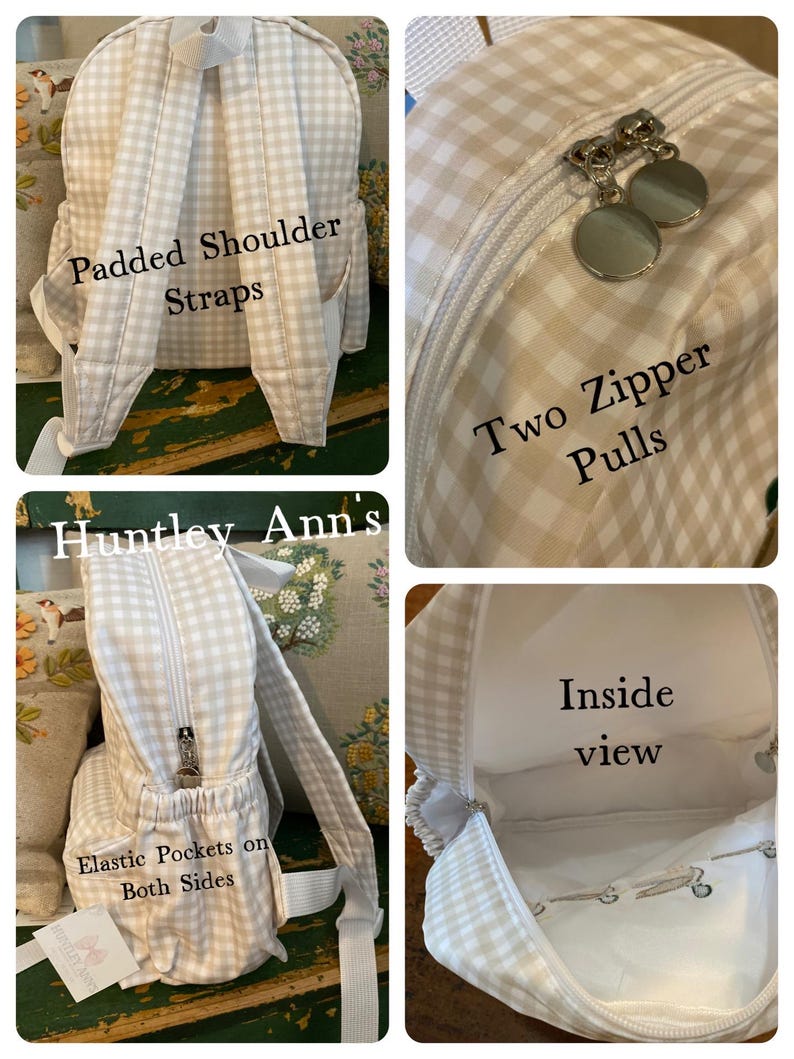 May include: A beige and white gingham backpack with padded shoulder straps, two zipper pulls, and elastic pockets on both sides. The interior is visible, and the bag has a simple, classic design.