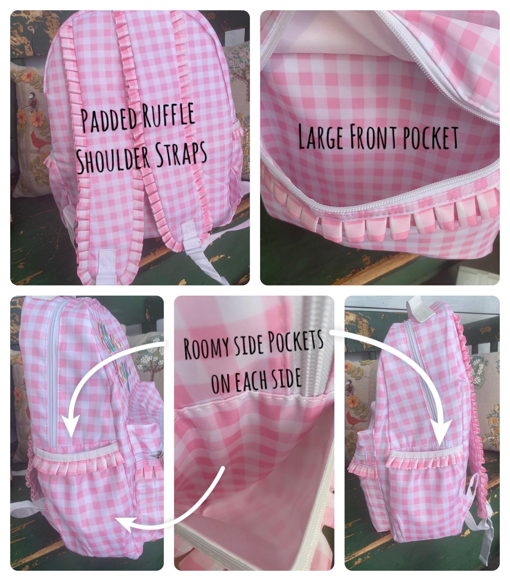 Pink Gingham Backpack Full Size Nylon Ruffle Book Bag 