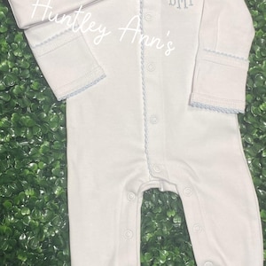 Nb Baby Boy Monogrammed Footie Hat. Coming  Home from Hospital Outfit. newborn sleeper. Baby Shower Gift. Blue picot Trim set.