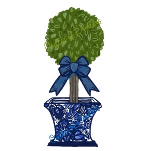 May include: A digital illustration of a topiary tree in a blue and white floral pot. The tree has a round, green top and a brown trunk. A blue bow is tied around the trunk. The pot has a blue and white floral design.