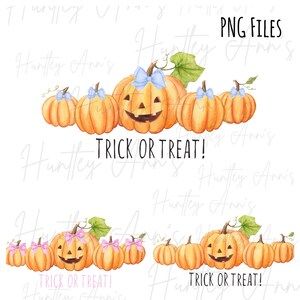 May include: Two rows of orange jack-o'-lantern pumpkins with blue and pink bows. The pumpkins are arranged in a line with the text "Trick or Treat!" below them.