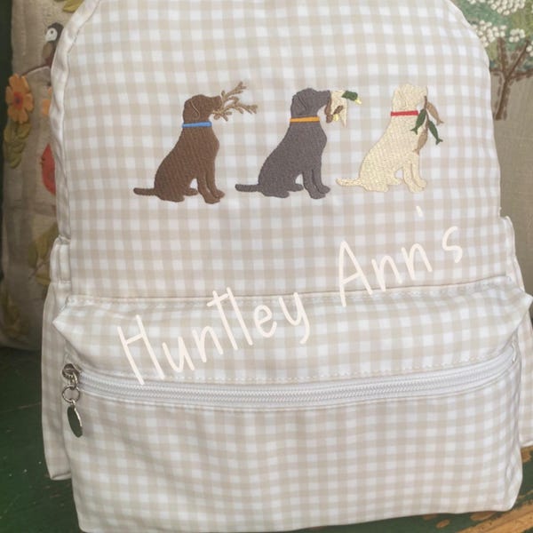 Backpack Khaki Tan Gingham Toddler Nylon book bag. Lab hunting dogs Monogrammed name Personalized small Diaper Bag. Baby Shower gift