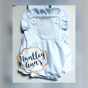 Monogrammed Ruffle Bubble. Baby Girl Knit Sunsuit Romper. Baby Girl shower gift. Baby Blue, pale pink, white summer outfit.