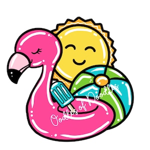 May include: A pink inflatable flamingo with a smiling yellow sun and a blue and green beach ball. The flamingo has a blue popsicle in its mouth.