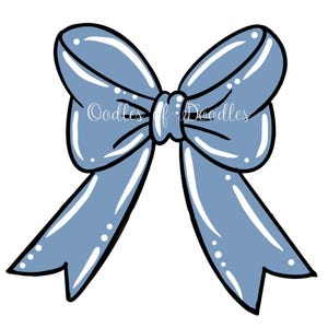 May include: A light blue bow illustration with a black outline and white highlights. The bow has two loops and two long tails. The text "Oodles of Doodles" is written across the center of the bow.