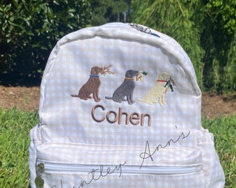 Backpack Khaki Tan Gingham Toddler Nylon book bag. Lab hunting dogs Monogrammed name Personalized small Diaper Bag. Baby Shower gift