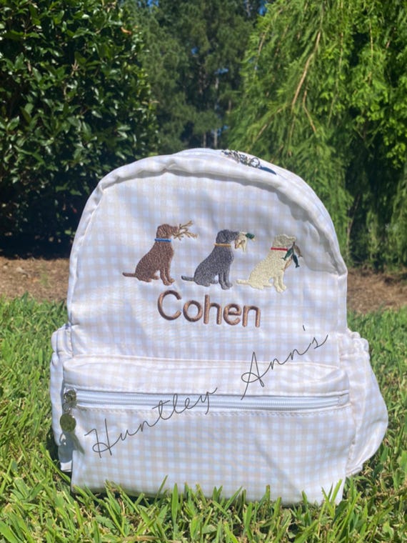 Backpack Khaki Tan Gingham Toddler Nylon book bag. Lab hunting dogs Monogrammed name Personalized small Diaper Bag. Baby Shower gift