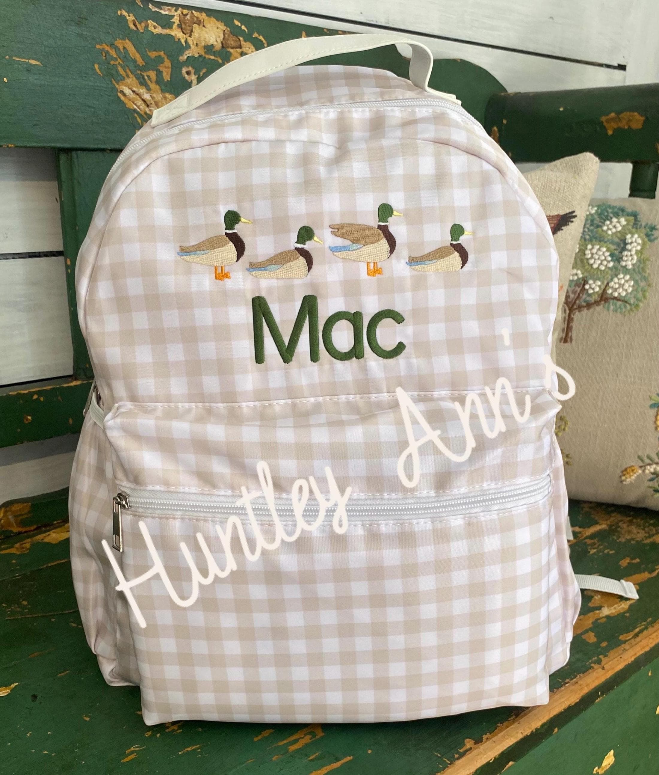 Boy Gingham Backpack Khaki Full Size Nylon book bag. Duck Monogrammed Tan Backpack. Personalized Diaper Bag. Mallard light brown, Mallards