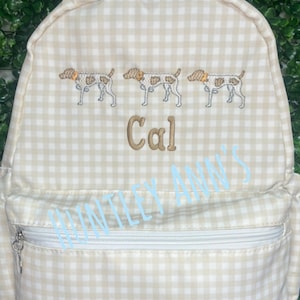 Boy Gingham Backpack Khaki Full Size Nylon book bag Pointer Monogrammed Tan Spaniel Personalized Diaper Bag light brown checked hunting dog