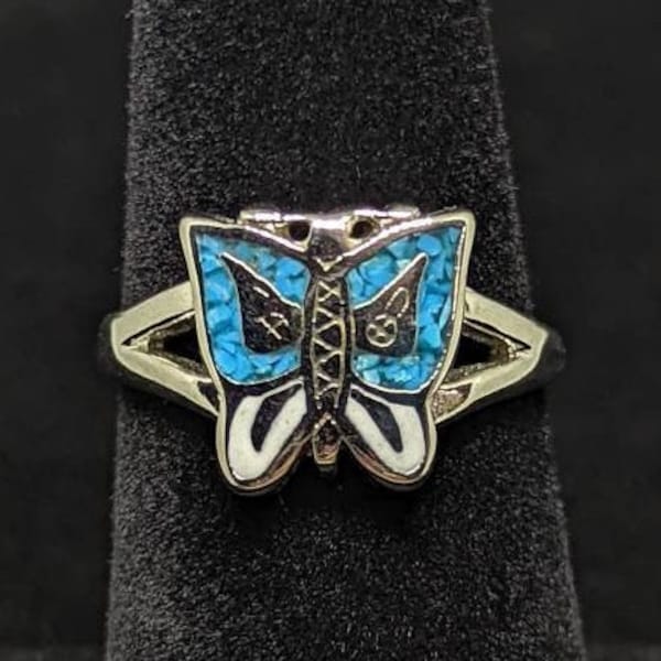 Vintage butterfly ring with white and blue inlay, Vintage Butterfly Ring, Dainty Butterfly Ring