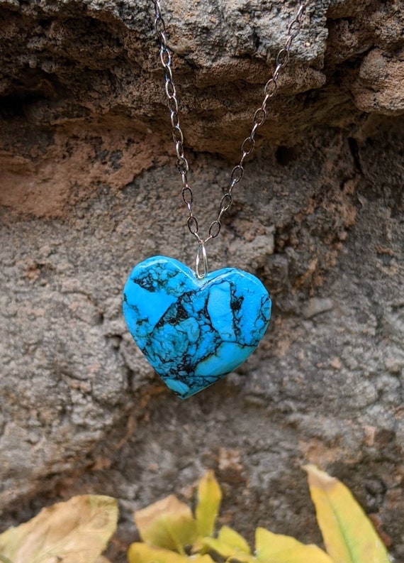 Turquoise Heart Necklace, Double-sided Turquoise H