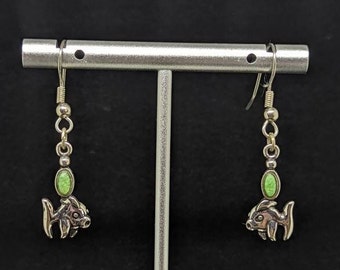 Fish Dangle Earrings with Jade colored Stone, Vintage Fish Earrings, Silver Dangle Earrings