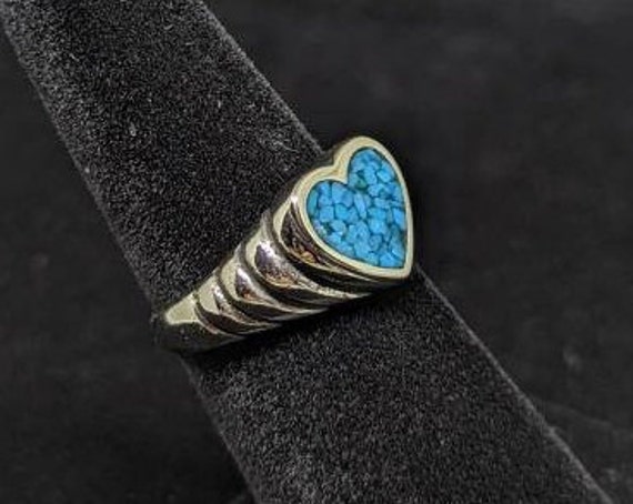 Vintage Big Heart Ring with Turquoise Detail, Blu… - image 1