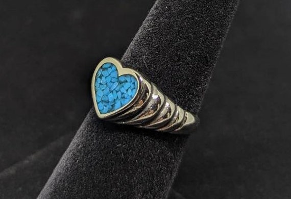 Vintage Big Heart Ring with Turquoise Detail, Blu… - image 3