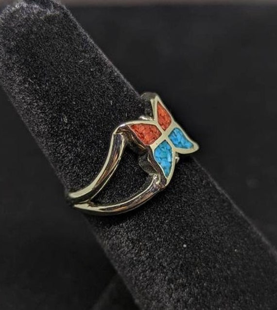 Butterfly Ring With Turquoise and Coral Inlay Detail. Vintage