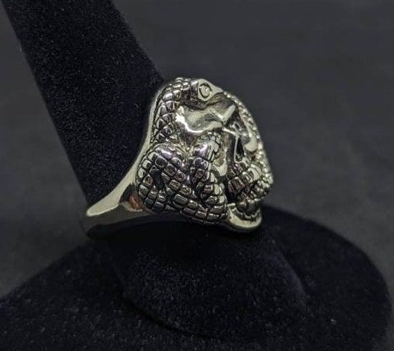 Vintage Skull and Snake Biker Ring, Silver Biker … - image 3