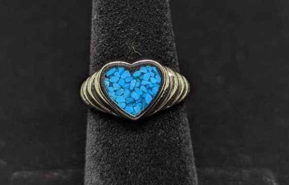 Vintage Big Heart Ring with Turquoise Detail, Blu… - image 2