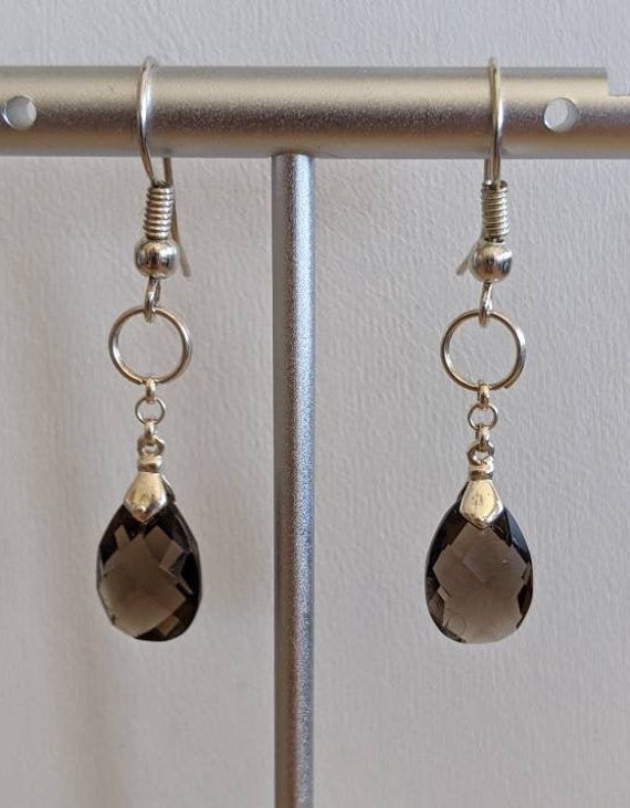 Sterling Silver Dangle Earrings, Brown Quartz Dan… - image 1